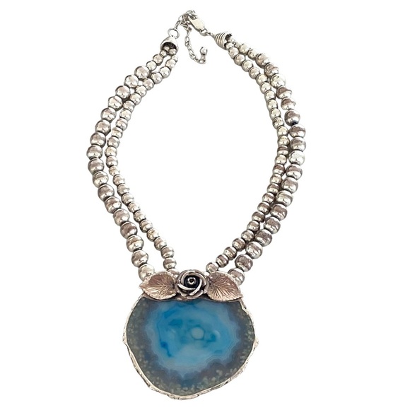 Artist made aqua blue pendant and brooch Sterling silver agate slab rose - Picture 11 of 11